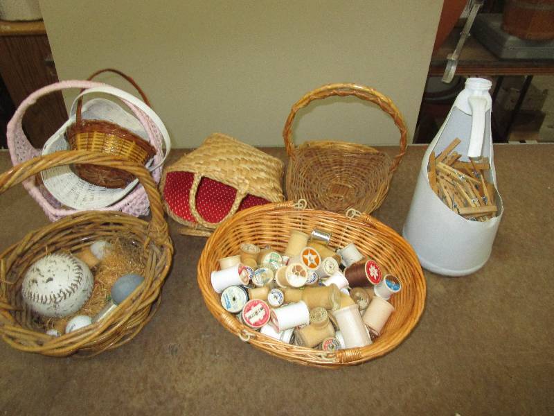 lot 77 image: Clothes Pins, Baskets, Old Razor, Wooden Spools