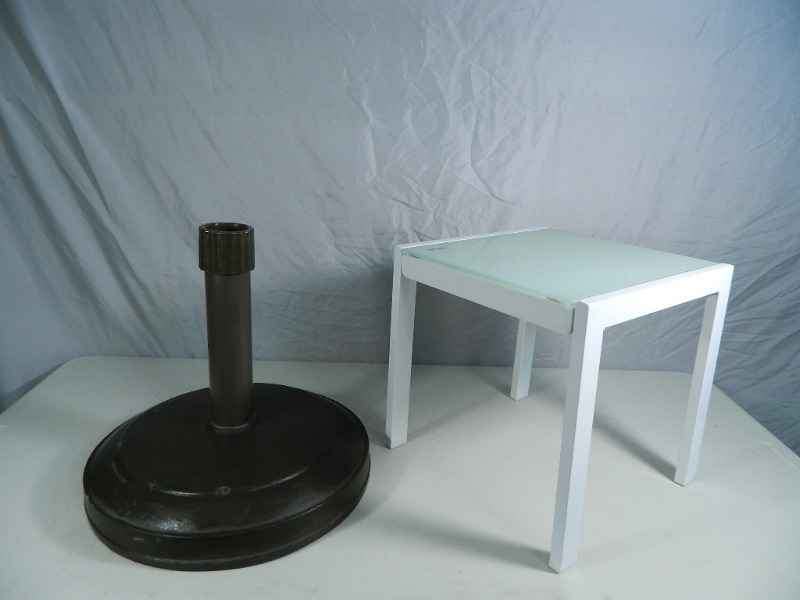 lot 95 image: New Umbrella Stand and New Glass Top Outdoor Table