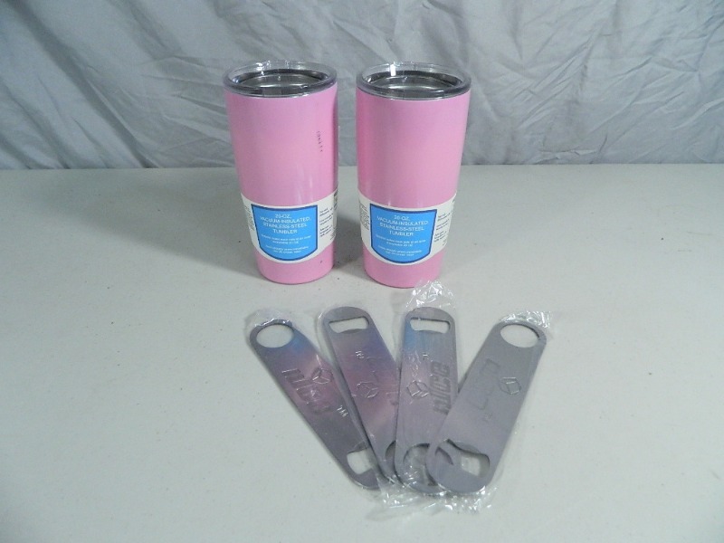 lot 125 image: 2 New nICE Pink 20 Oz Vacuum Insulated Stainless Steel Tumblers and Bottle Openers