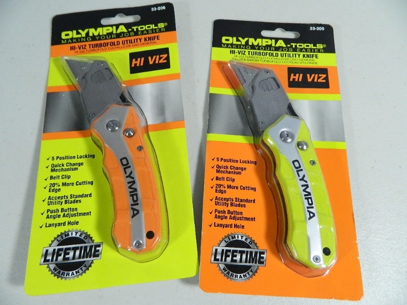 lot 186 image: 2 New Olympia Hi Viz Turbo Fold Utility Knives