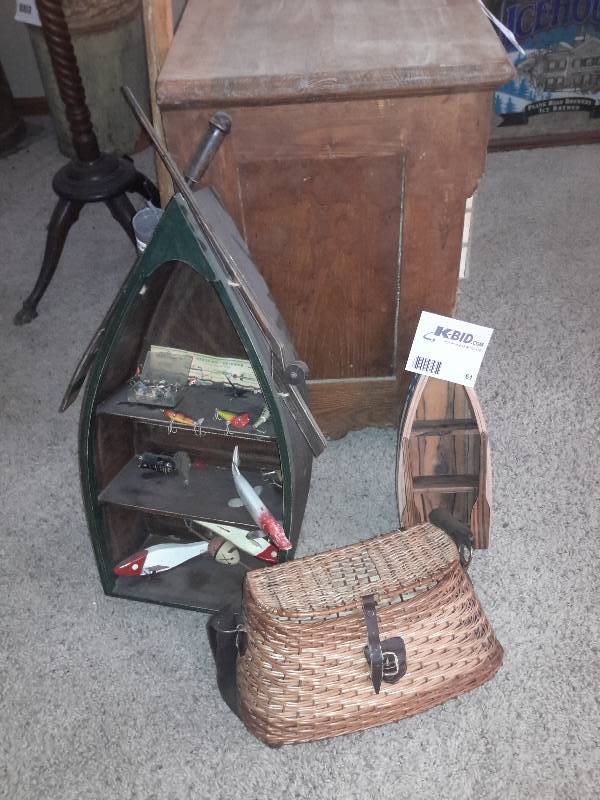 lot 61 image: 2 Decorative Fishing Boats with Lures, 1 Wicker Creel