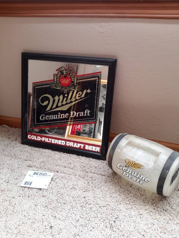 lot 9 image: Miller Genuine Draft Mirrored Hanging Sign and Decorative Mini Keg