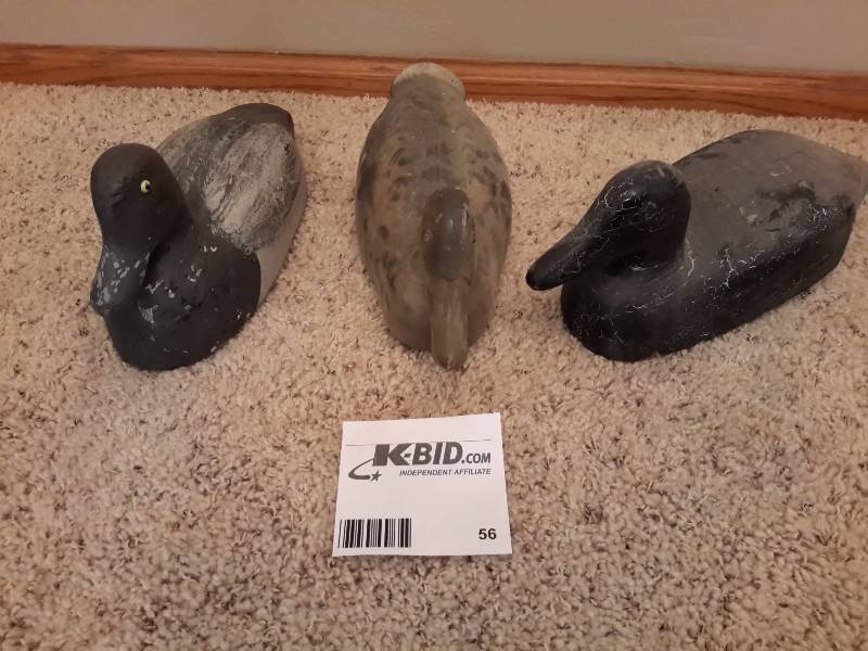 lot 56 image: 2 Wooden Duck Decoys, 1 Plastic Duck Decoy