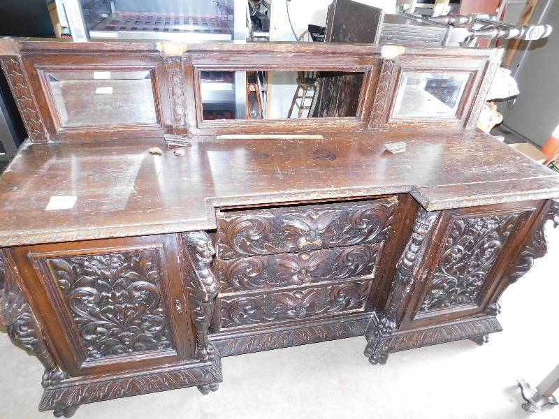lot 12 image: Three Drawer, Two Door With Shelves, Oak Dresser With Framed Attached Mirror