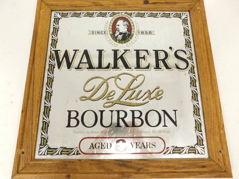 lot 35 image: Wood Framed Walkers Deluxe Bourbon Advertising  Mirror Picture
