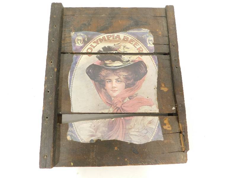 lot 36 image: Vintage Olympia Beer Sign Picture Olympia Brewery Girl Art on Wood Plank