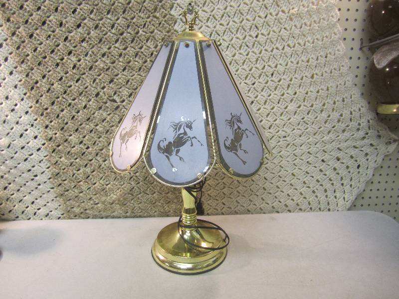 lot 3 image: Lamp with Glass Panel Shade with Un...