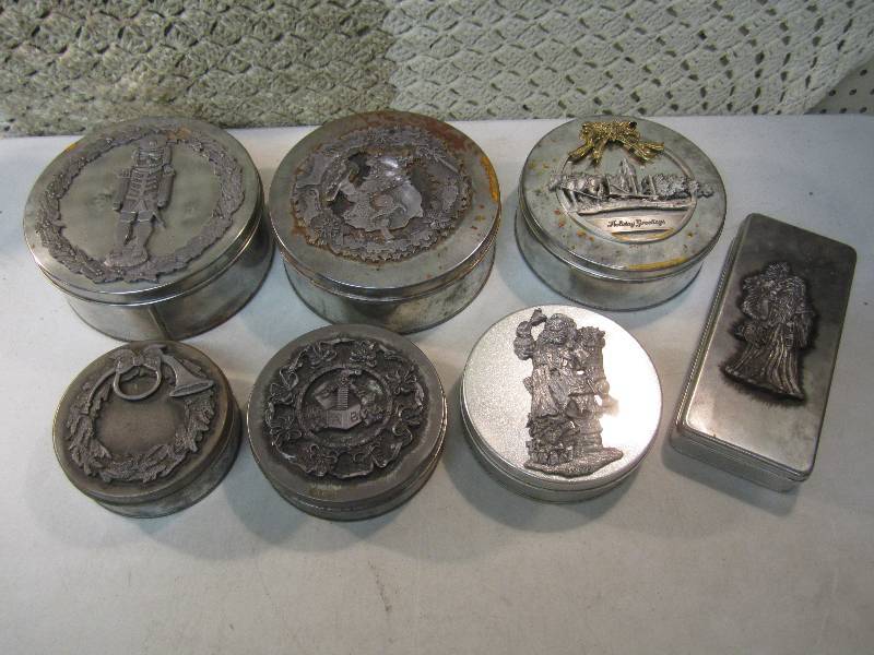 lot 37 image: 7 Metal Tins with Pewter Decor Lids...
