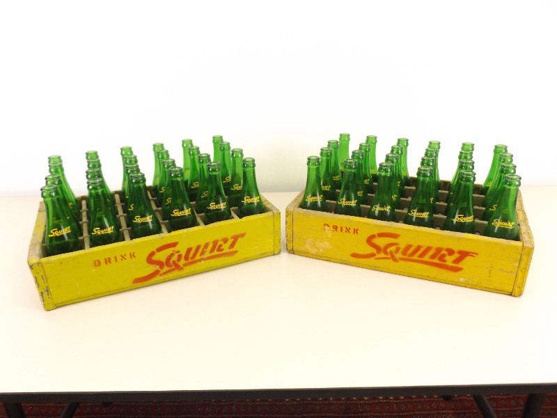 lot 14 image: 2 Vintage Squirt 24 Pack Wood Crates and Bottles