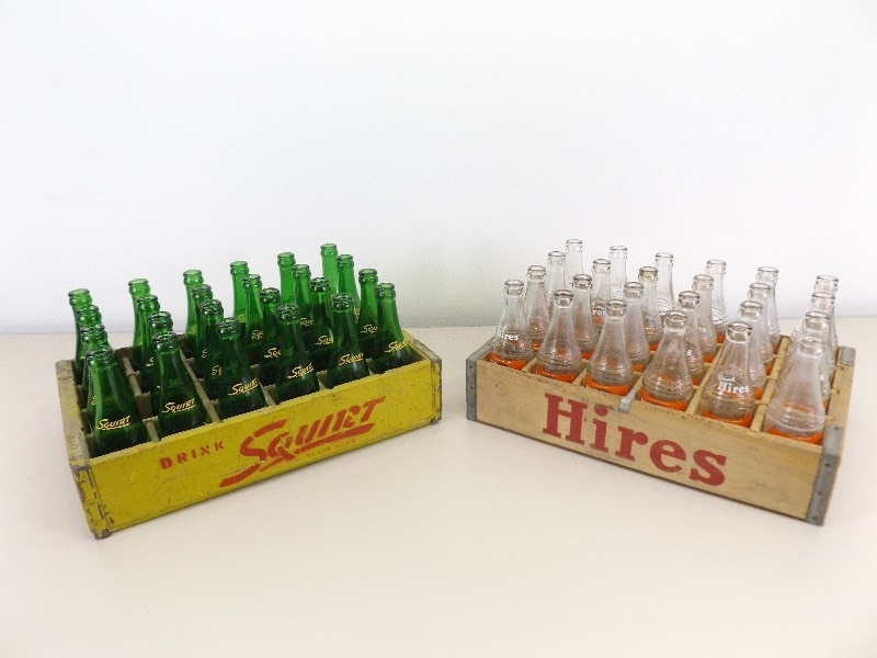 lot 16 image: 1 Squirt and 1 Hi Res Vintage 24 Pack Wood Crates and Bottles