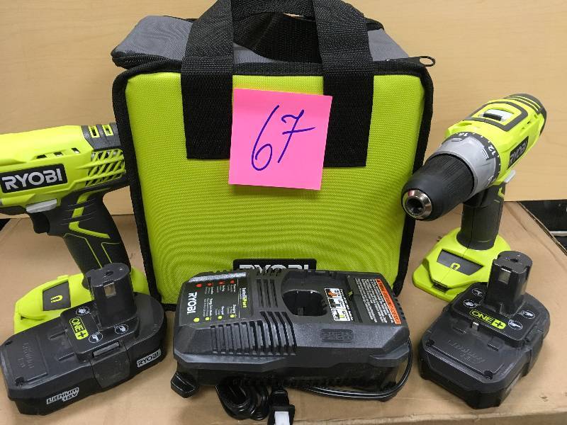 lot 67 image: RYOBI 18-Volt ONE Lithium-Ion Cordless DrillDriver and Impact Driver Combo Kit with (2) 1.3 Ah Batteries, Charger and Bag