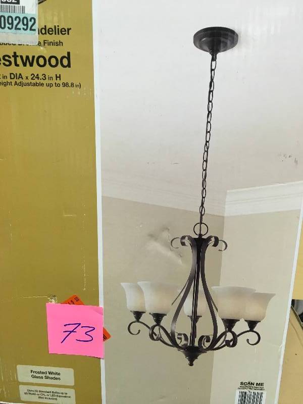 lot 73 image: Hampton Bay 5-Light Oil-Rubbed Bronze Chandelier with Frosted White Glass Shades