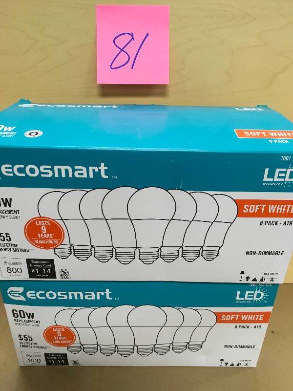 lot 81 image: Eco Smart 60-Watt Equivalent A19 Non-Dimmable Basic LED Light Bulb, Soft White (8-Pack)