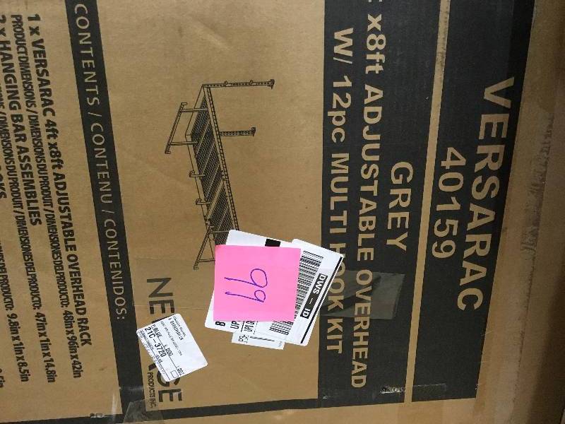 lot 99 image: New Age Versarac 96 in. L x 48 in. W x 42 in. H Adjustable Ceiling Storage Rack with 12-Piece Hooks in Gray