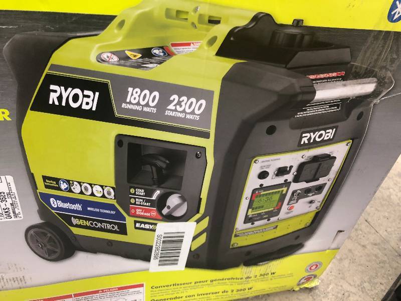 lot 105 image: Ryobi Bluetooth 2,300-Watt Super Quiet Gasoline Powered Digital Inverter Generator open box never used