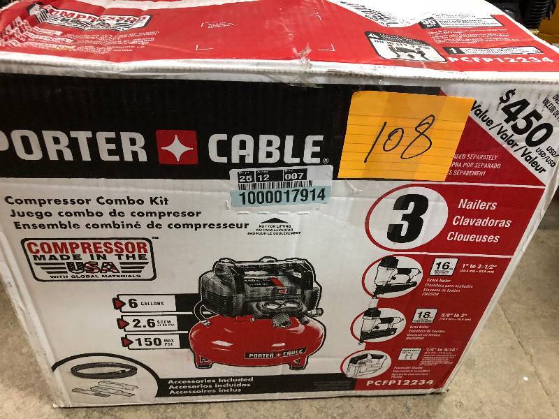 lot 108 image: Porter Cable 6 Gal Pancake compressor in good working condition