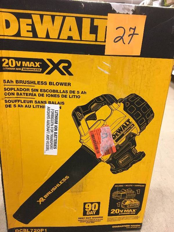lot 27 image: Dewalt 90 MPH 400 CFM 20-Volt MAX Lithium-Ion Cordless Handheld Leaf Blower with 5.0Ah Battery and Charger Included