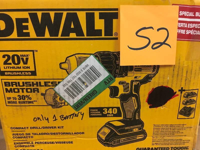 lot 52 image: Dewalt 20-Volt MAX Lithium-Ion Cordless Brushless Compact Drill Driver with (2) Batteries 1.3Ah, Charger and Bag