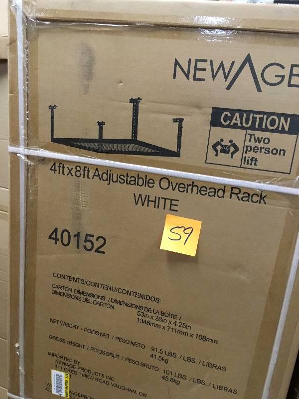 lot 59 image: NewAge Products Performance 96 in. L x 48 in. W x 42 in. H Adjustable VersaRac Ceiling Storage Rack in White