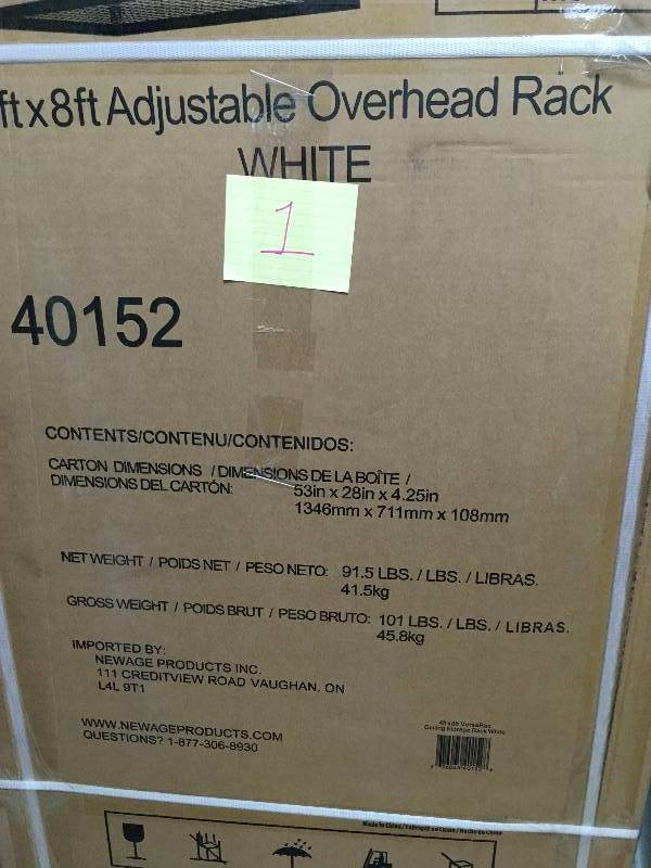 New Age Performance 96 in. L x 48 in. W x 42 in. H Adjustable VersaRac Ceiling Storage Rack in White not used