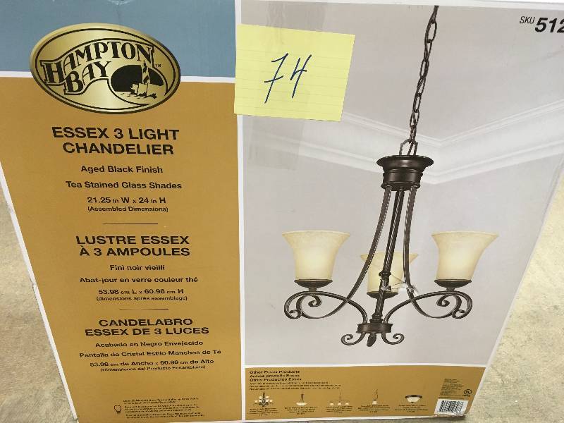 Hampton Bay Essex 3-Light Aged Black Chandelier with Tea Stained Glass Shades New