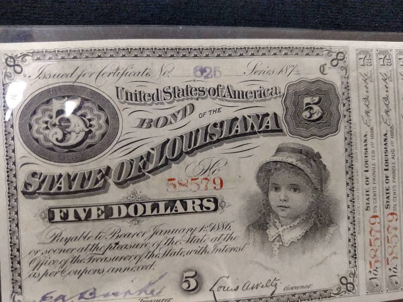 1874 State of Louisiana Five Dollar...