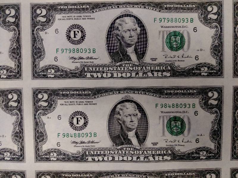 Uncut Sheet of 1995 Two Dollar Bills