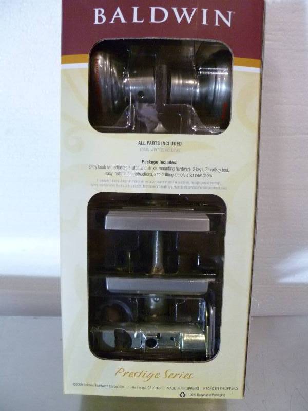 lot 46 image: NEW Baldwin Prestige Carnaby Satin Nickel Entry Door Knob featuring SmartKey
