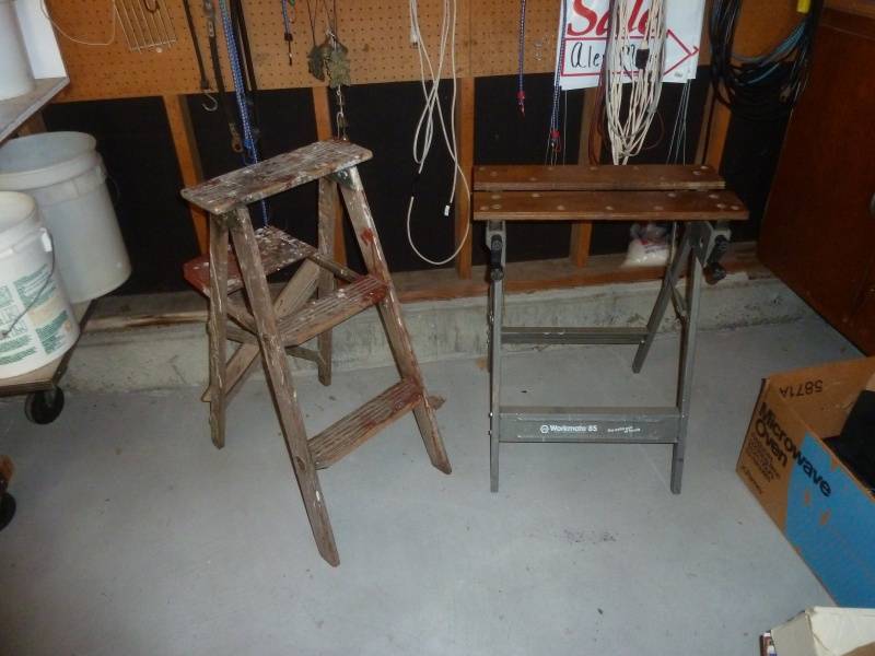 lot 82 image: Shop Ladders & Cords on Peg Board