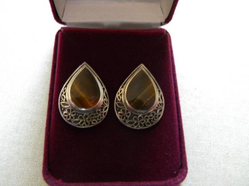 lot 53 image: Sterling Silver Earrings with Tiger Eye Stones