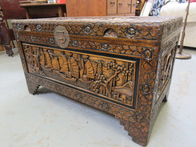 lot 715 image: CARVED ASIAN THEMED CEDAR CHEST