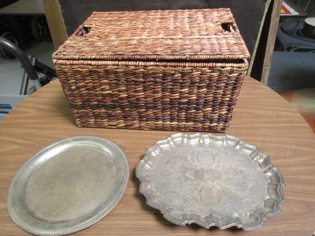 lot 742 image: WICKER BASKET AND SILVER PLATED SERVING DISHES