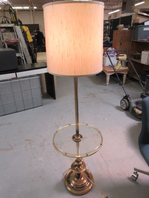 lot 761 image: BRASS TONED LAMP WITH GLASS TABLE