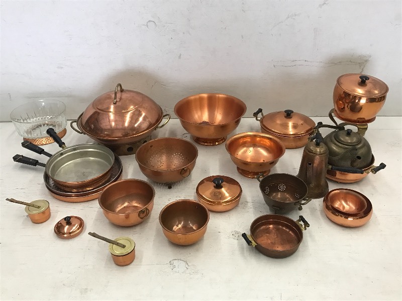 Tote Full Of Assorted Copper Cookwa...