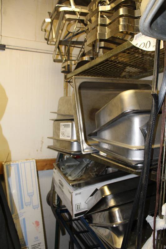 lot 98 image: Stainless Steel Serving Pans w Lids, Stands, Fuel Cells