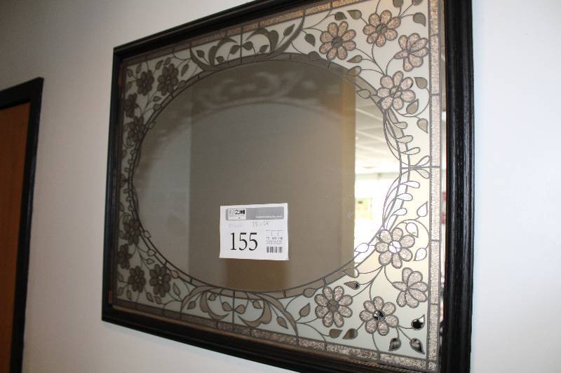 lot 155 image: Framed Decorative Etched Glass Wall Mirror
