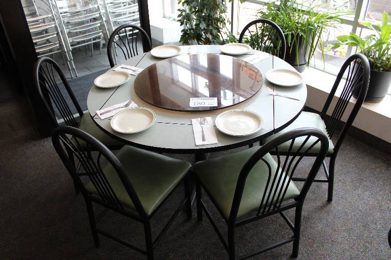 lot 180 image: Round Dining Table w 6-Padded Dining Chairs