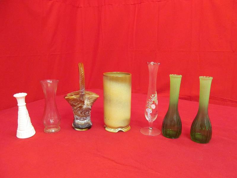 lot 31 image: Frankoma Vase, Twisted Caramel Glass Basket with handle, Green Frosted vases, Milk Glass vase, 2 Glass vases