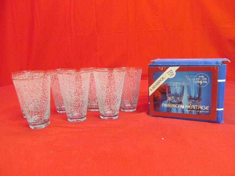 lot 35 image: 7 Cracked Glass Tumblers, Set of 4 Lead Crystal Beverage Glasses