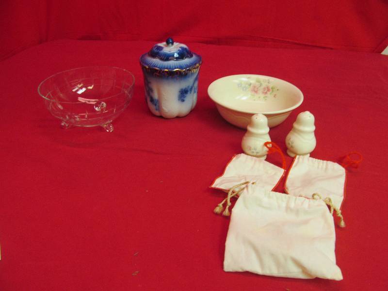 lot 37 image: Footed Glass Bowl, Fancy Blue Jar with Lid, Pflatzgraph Bowl with Salt and Pepper