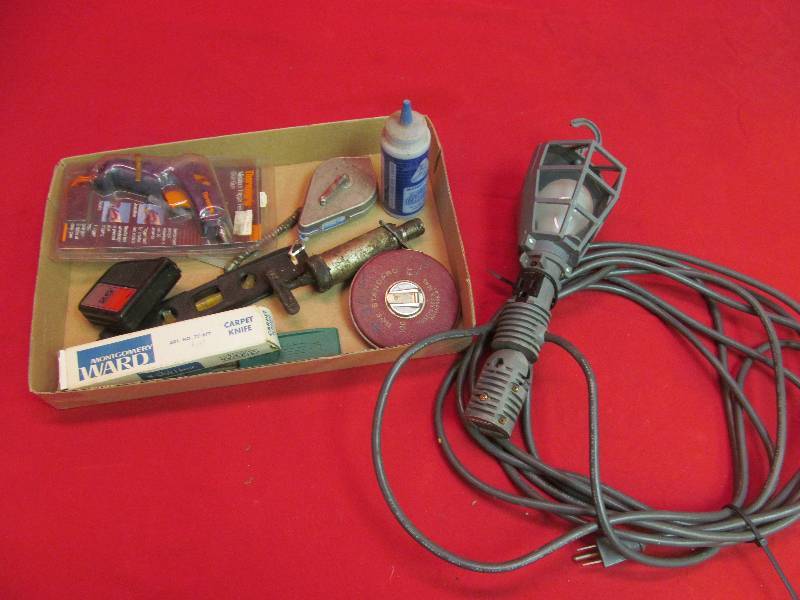 lot 44 image: Tape Measure, Levels, Trouble Light with Magnetic base, Chalk lite, Glue Gun and more