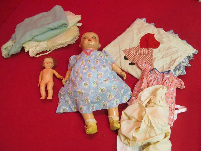 lot 85 image: Vintage Ideal Doll 22 tall- Handmade Blanket- Clothes- Vintage Plastic Doll 10 tall- Eyes Open and Move, Left and Right on Large Doll