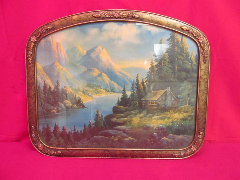 lot 91 image: Beautiful Vintage Cabin Scene in Unique Frame 22x18