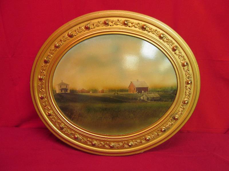 lot 109 image: Vintage Farm Scene on Curved Print with Oval Frame