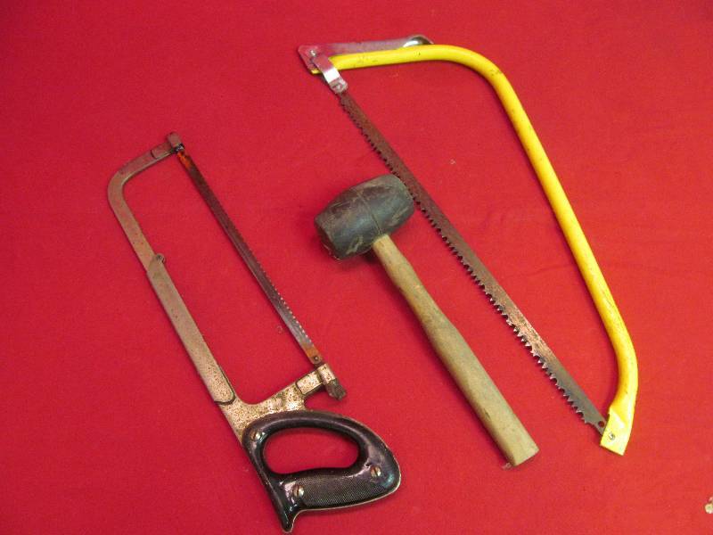 lot 128 image: Hack Saw, Bow Saw, Rubber Mallet