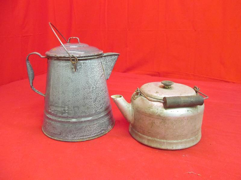 lot 138 image: Granite Enamel Coffee Pot, Aluminum Tea Pot