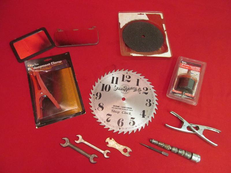 lot 141 image: Clamps, Wrenches, Sockets, Grinder Disc, Saw Blade Clock Feck