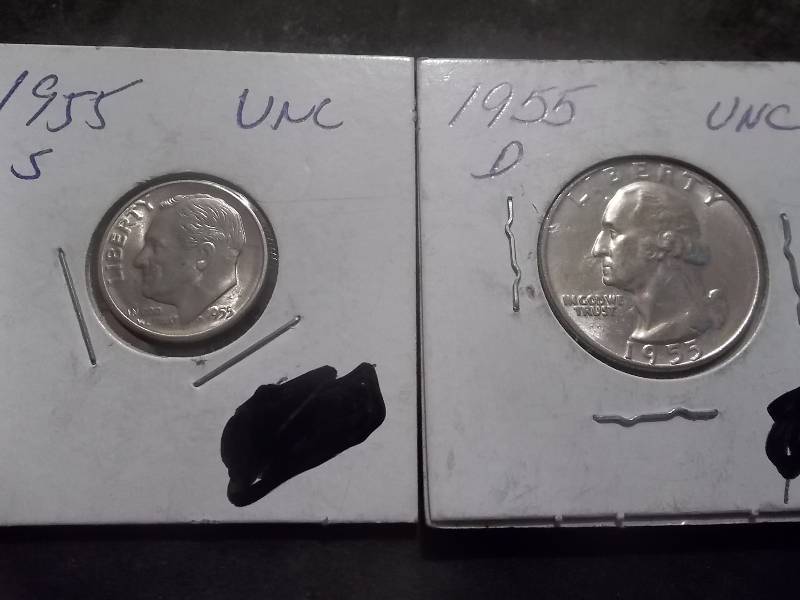 1955 D Washington Quarter, 1955 S Roosevelt Dime Both UncMS