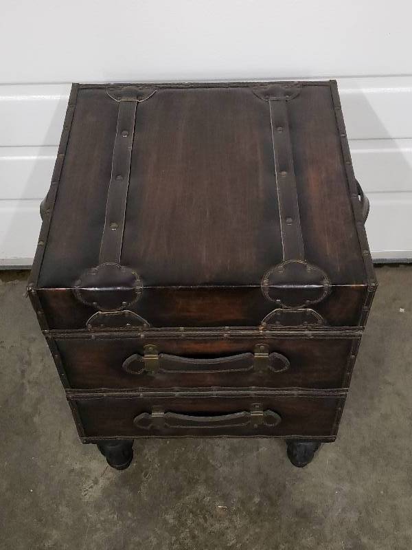 lot 24 image: Leather Trunk Styled Two Drawer End Table  Nightstand