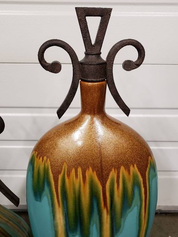 lot 51 image: (2) Artistic Pottery Vases w Removable Tops